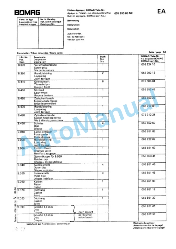 Bomag BW 142, BW 172 Single Drum Vibratory Roller Spare Parts Catalogue 00814431-4