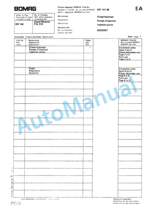 Bomag BW 142, BW 172 Single Drum Vibratory Roller Spare Parts Catalogue 00814431-5