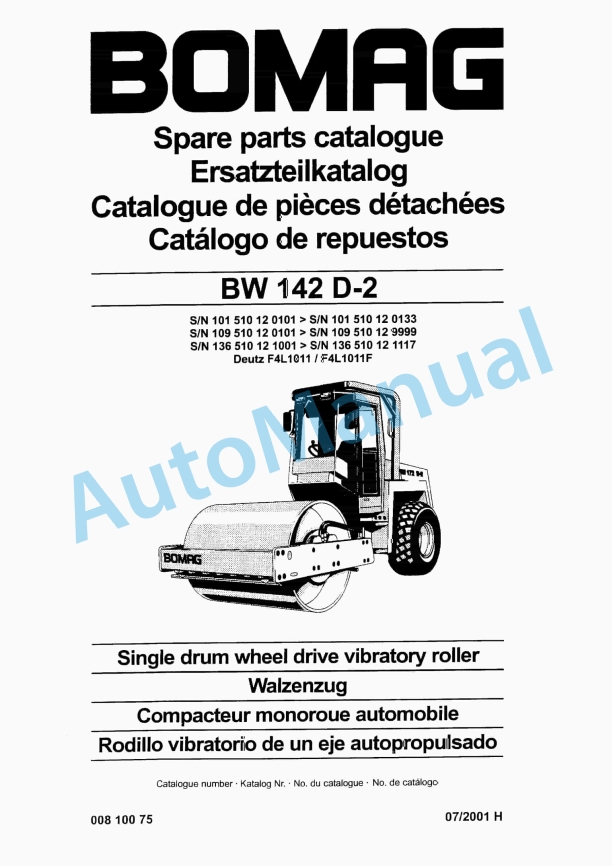 Bomag BW 142 D-2 Single Drum Wheel Drive Vibratory Roller Spare Parts Catalogue 00810075
