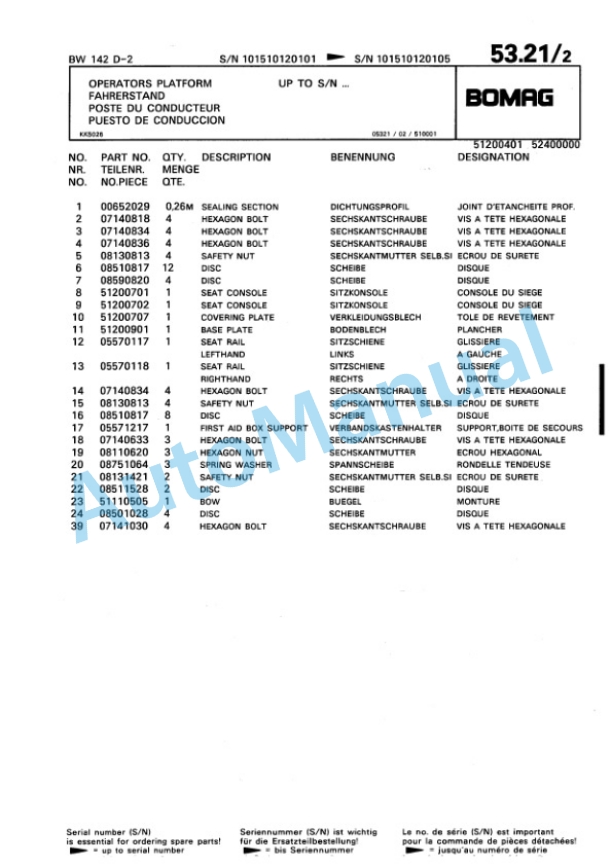 Bomag BW 142 D-2 Single Drum Wheel Drive Vibratory Roller Spare Parts Catalogue 00810075-2