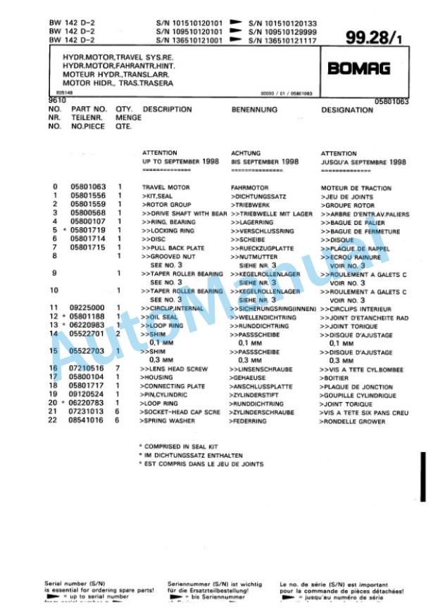 Bomag BW 142 D-2 Single Drum Wheel Drive Vibratory Roller Spare Parts Catalogue 00810075-4