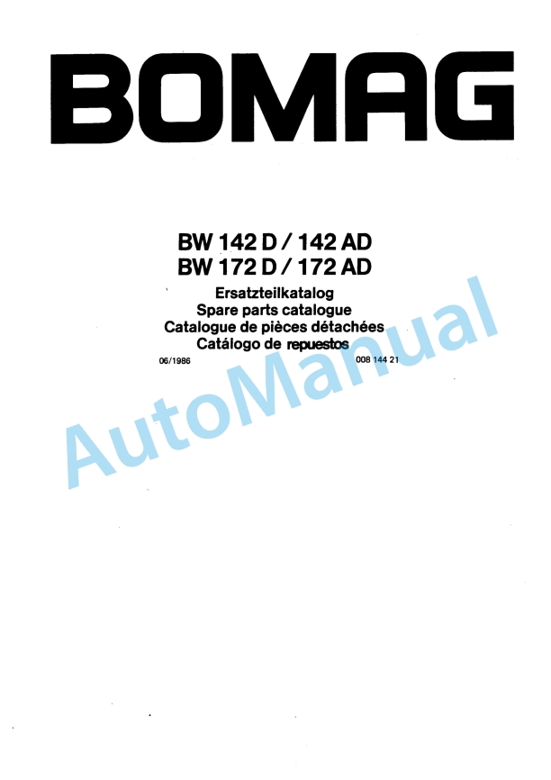 Bomag BW 142 D, BW 142 AD, BW 172 D, BW 172 AD Spare Parts Catalogue 00814421
