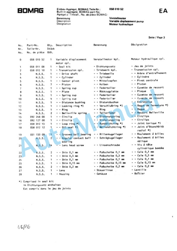 Bomag BW 142 D, BW 142 AD, BW 172 D, BW 172 AD Spare Parts Catalogue 00814421-5