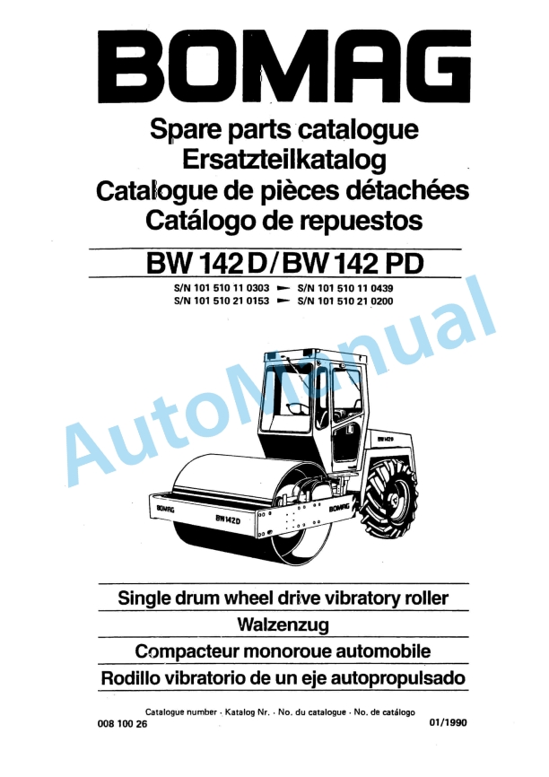 Bomag BW 142 D, BW 142 PD Single Drum Wheel Drive Vibratory Roller Spare Parts Catalogue 00810026