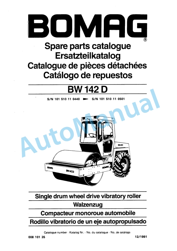 Bomag BW 142 D Single Drum Wheel Drive Vibratory Roller Spare Parts Catalogue 00810126