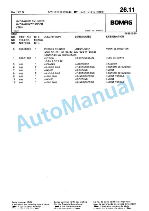 Bomag BW 142 D Single Drum Wheel Drive Vibratory Roller Spare Parts Catalogue 00810126-3