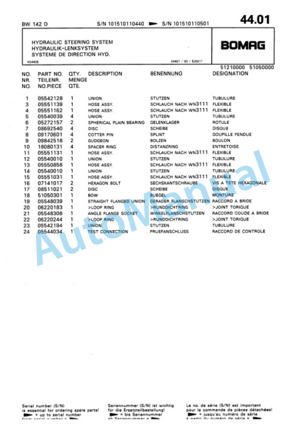 Bomag BW 142 D Single Drum Wheel Drive Vibratory Roller Spare Parts Catalogue 00810126-4