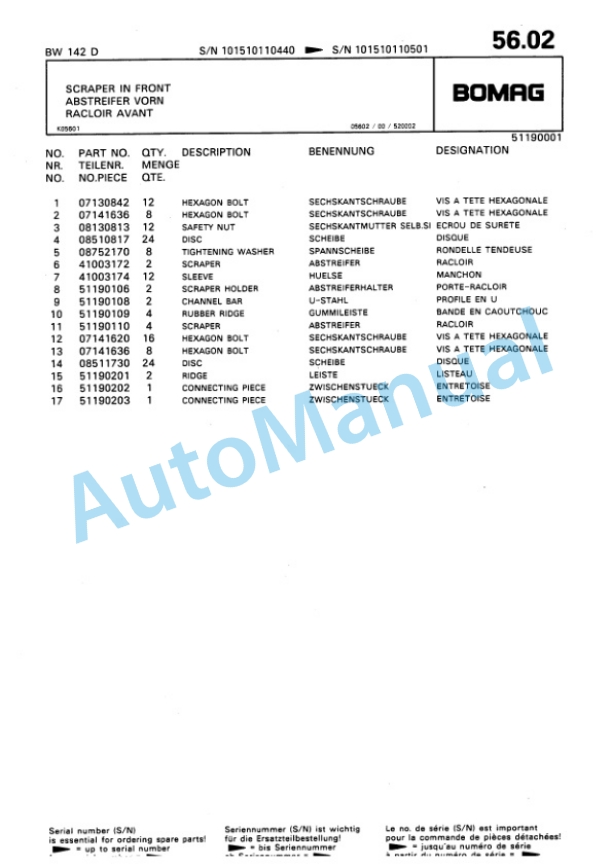 Bomag BW 142 D Single Drum Wheel Drive Vibratory Roller Spare Parts Catalogue 00810126-5
