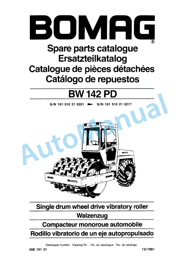 Bomag BW 142 PD Single Drum Wheel Drive Vibratory Roller Spare Parts Catalogue 00810131