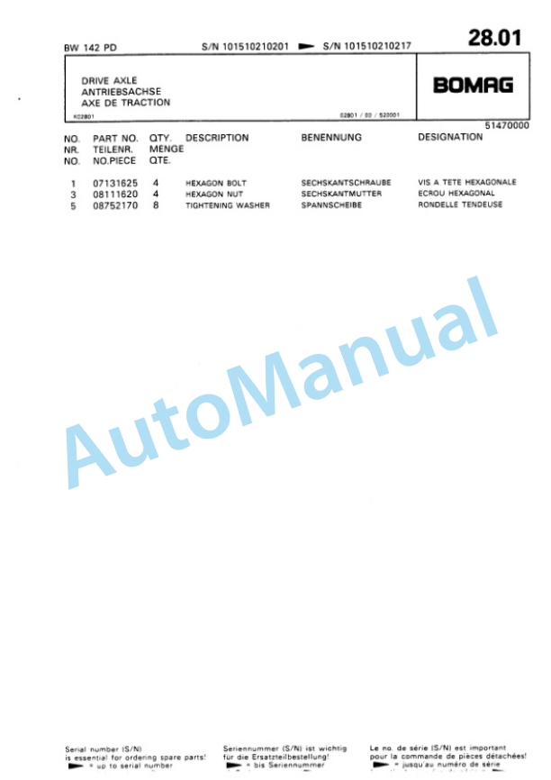 Bomag BW 142 PD Single Drum Wheel Drive Vibratory Roller Spare Parts Catalogue 00810131-3