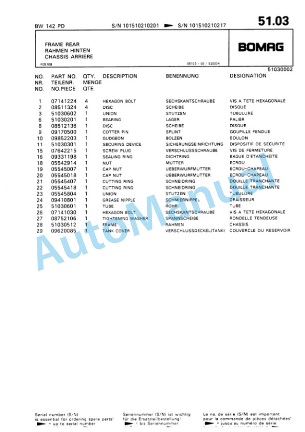 Bomag BW 142 PD Single Drum Wheel Drive Vibratory Roller Spare Parts Catalogue 00810131-4