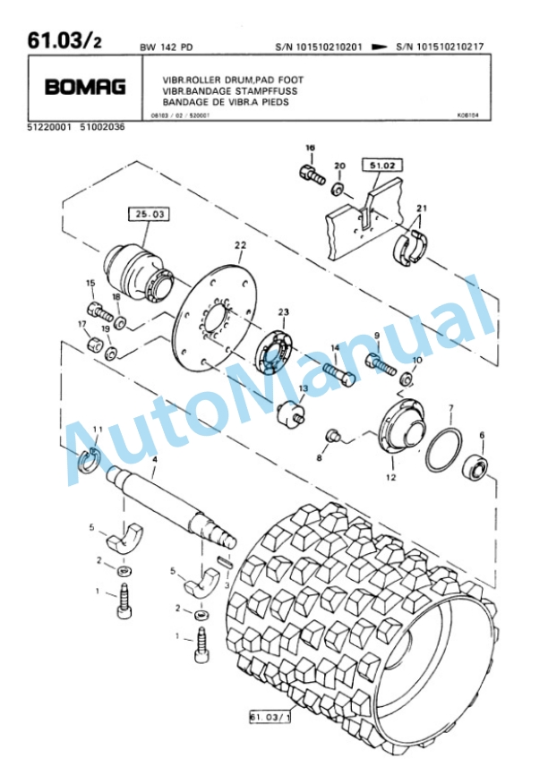 Bomag BW 142 PD Single Drum Wheel Drive Vibratory Roller Spare Parts Catalogue 00810131-5