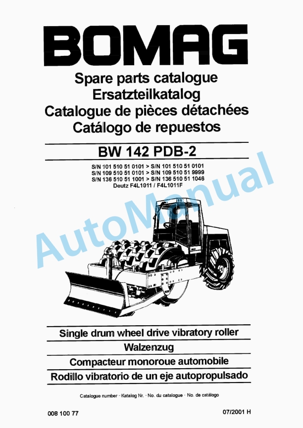 Bomag BW 142 PDB-2 Single Drum Wheel Drive Vibratory Roller Spare Parts Catalogue 00810077