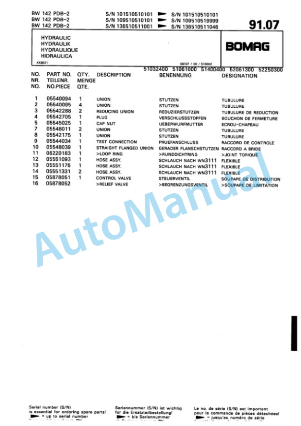 Bomag BW 142 PDB-2 Single Drum Wheel Drive Vibratory Roller Spare Parts Catalogue 00810077-3