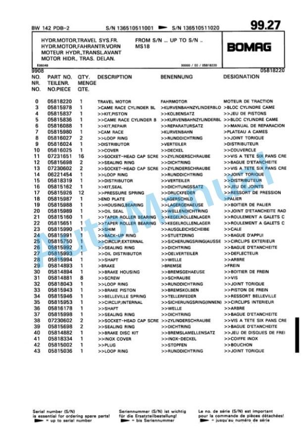 Bomag BW 142 PDB-2 Single Drum Wheel Drive Vibratory Roller Spare Parts Catalogue 00810077-5