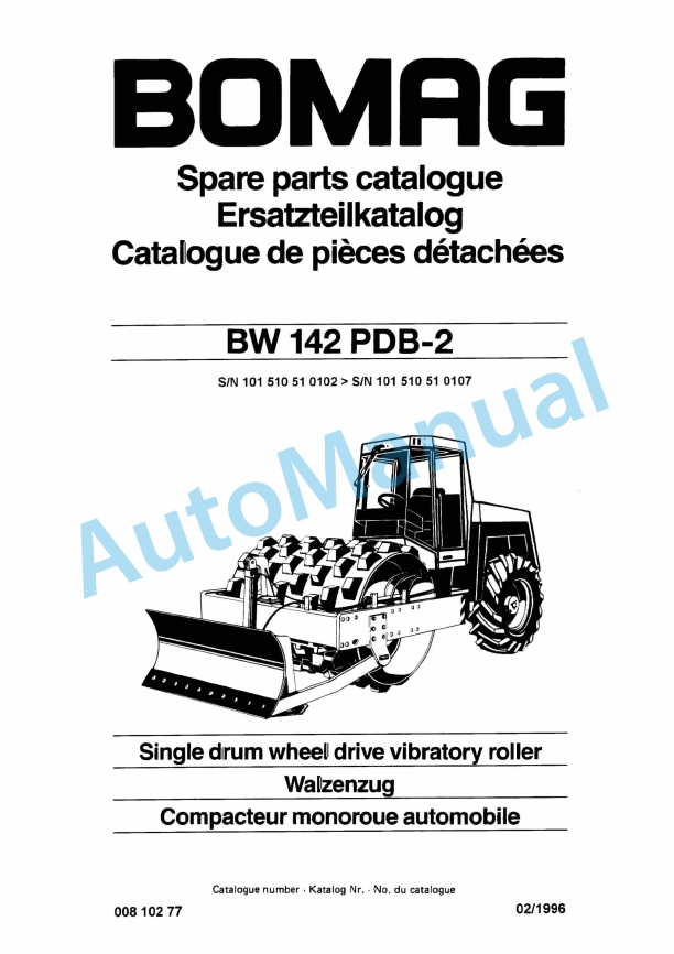 Bomag BW 142 PDB-2 Single Drum Wheel Drive Vibratory Roller Spare Parts Catalogue 00810277