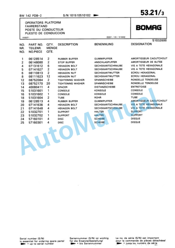 Bomag BW 142 PDB-2 Single Drum Wheel Drive Vibratory Roller Spare Parts Catalogue 00810277-2
