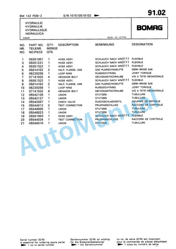 Bomag BW 142 PDB-2 Single Drum Wheel Drive Vibratory Roller Spare Parts Catalogue 00810277-3