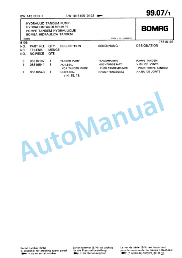 Bomag BW 142 PDB-2 Single Drum Wheel Drive Vibratory Roller Spare Parts Catalogue 00810277-4