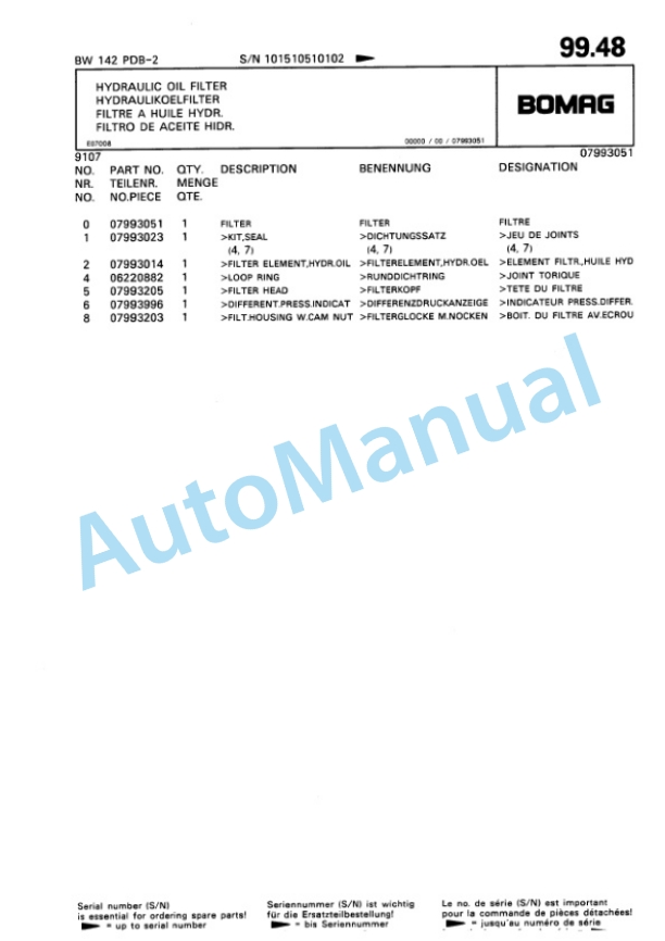 Bomag BW 142 PDB-2 Single Drum Wheel Drive Vibratory Roller Spare Parts Catalogue 00810277-5