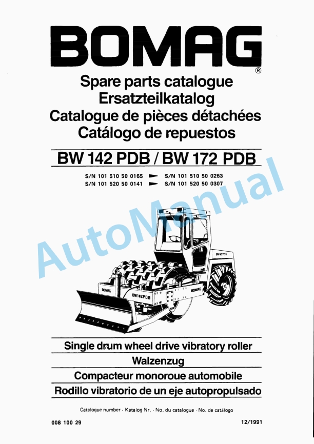 Bomag BW 142 PDB, BW 172 PDB Single Drum Wheel Drive Vibratory Roller Spare Parts Catalogue 00810029
