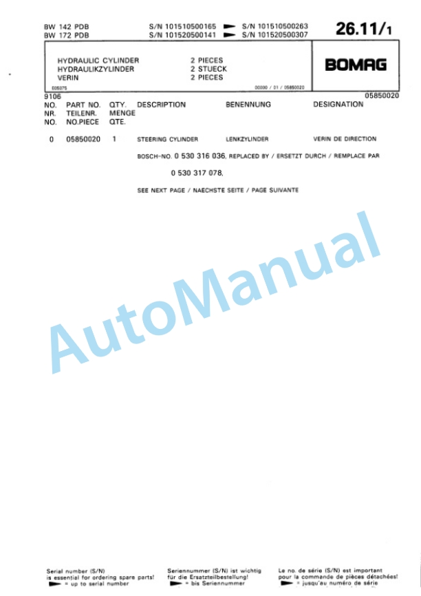 Bomag BW 142 PDB, BW 172 PDB Single Drum Wheel Drive Vibratory Roller Spare Parts Catalogue 00810029-2