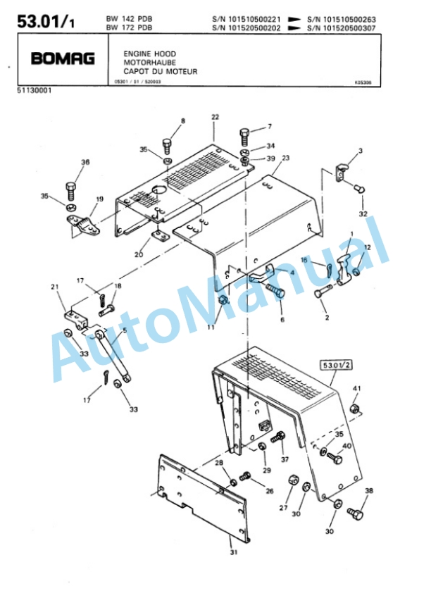 Bomag BW 142 PDB, BW 172 PDB Single Drum Wheel Drive Vibratory Roller Spare Parts Catalogue 00810029-3