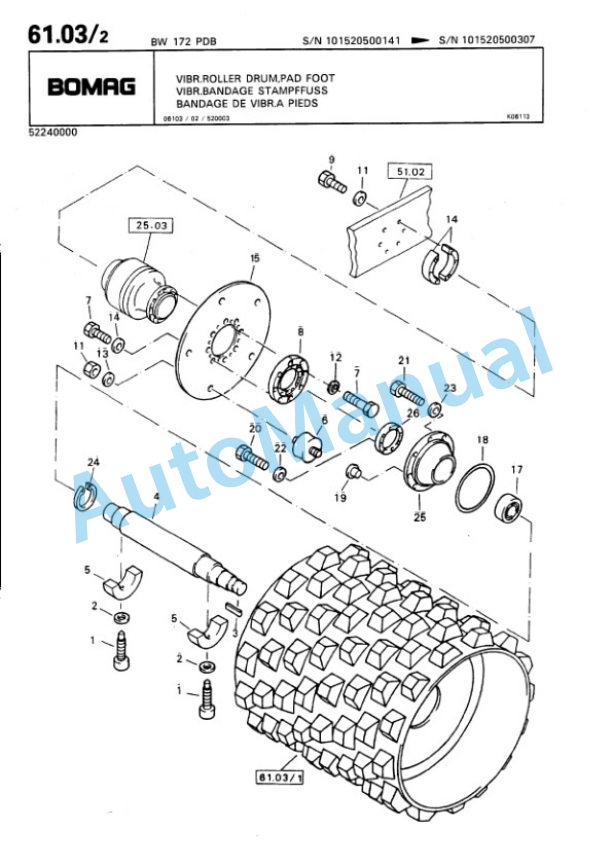 Bomag BW 142 PDB, BW 172 PDB Single Drum Wheel Drive Vibratory Roller Spare Parts Catalogue 00810029-4