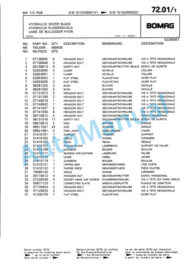 Bomag BW 142 PDB, BW 172 PDB Single Drum Wheel Drive Vibratory Roller Spare Parts Catalogue 00810029-5