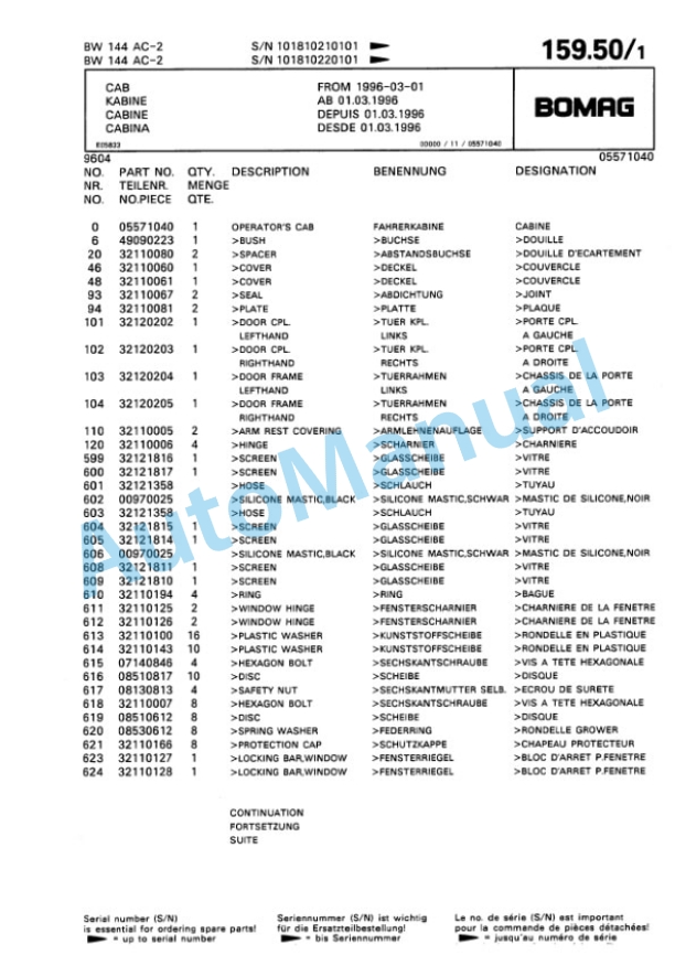 Bomag BW 144 AC-2 Combination Roller Spare Parts Catalogue 00810092-3