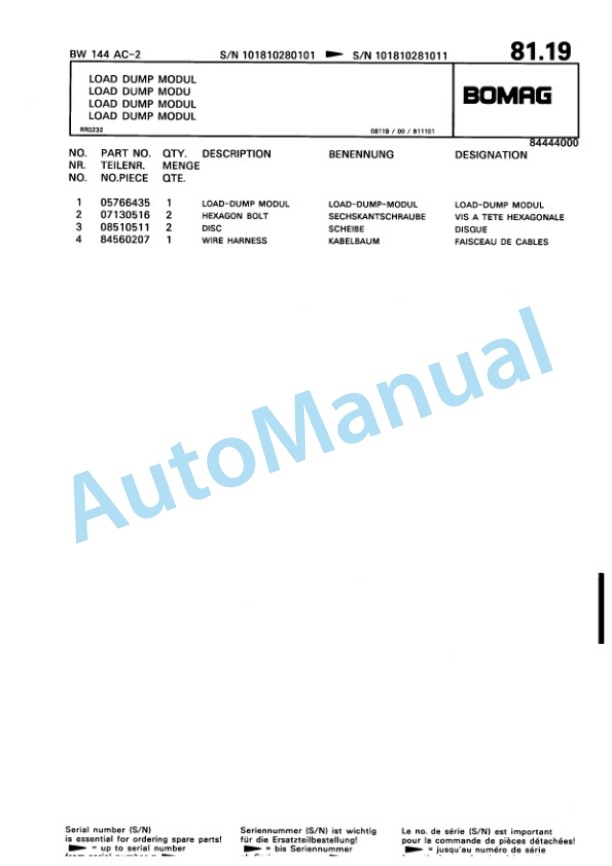 Bomag BW 144 AC-2 Combination Roller Spare Parts Catalogue 00810174-2