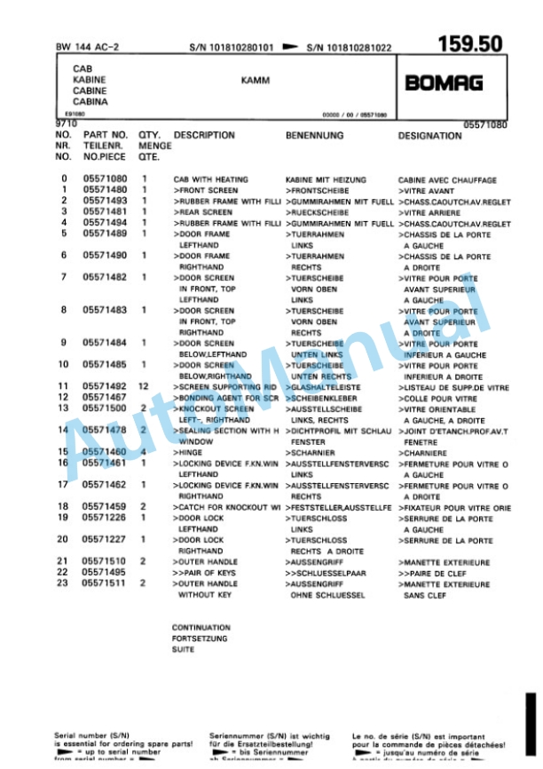 Bomag BW 144 AC-2 Combination Roller Spare Parts Catalogue 00810174-5