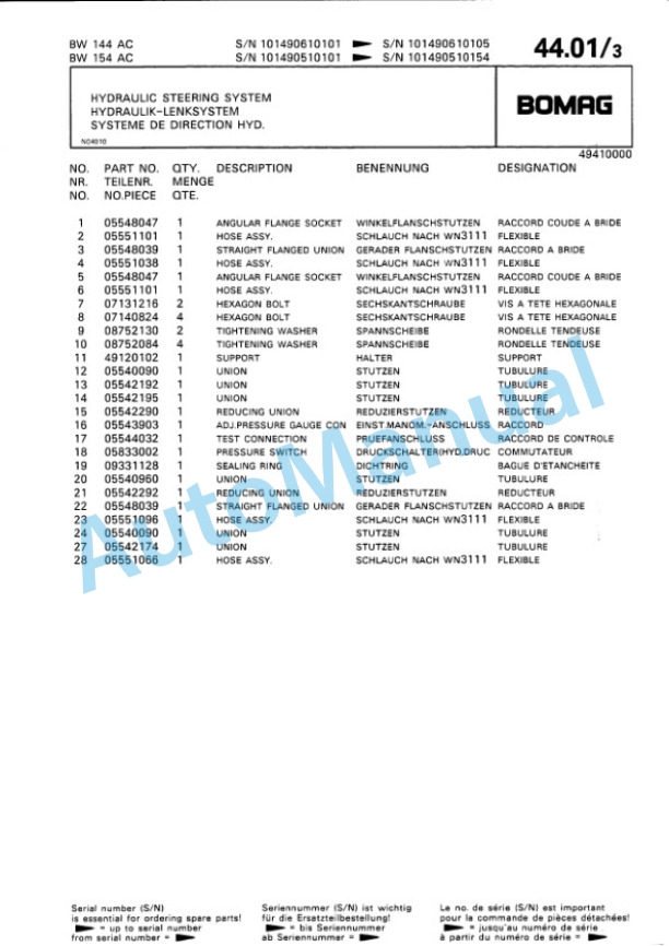 Bomag BW 144 AC, BW 154 AC Combination Roller Spare Parts Catalogue 00810024-2