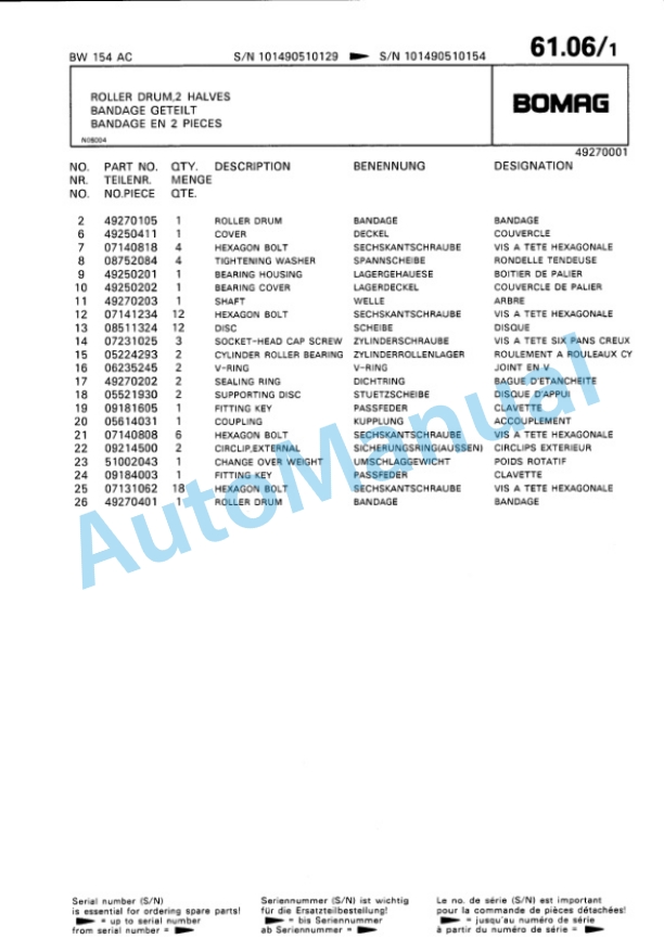 Bomag BW 144 AC, BW 154 AC Combination Roller Spare Parts Catalogue 00810024-3