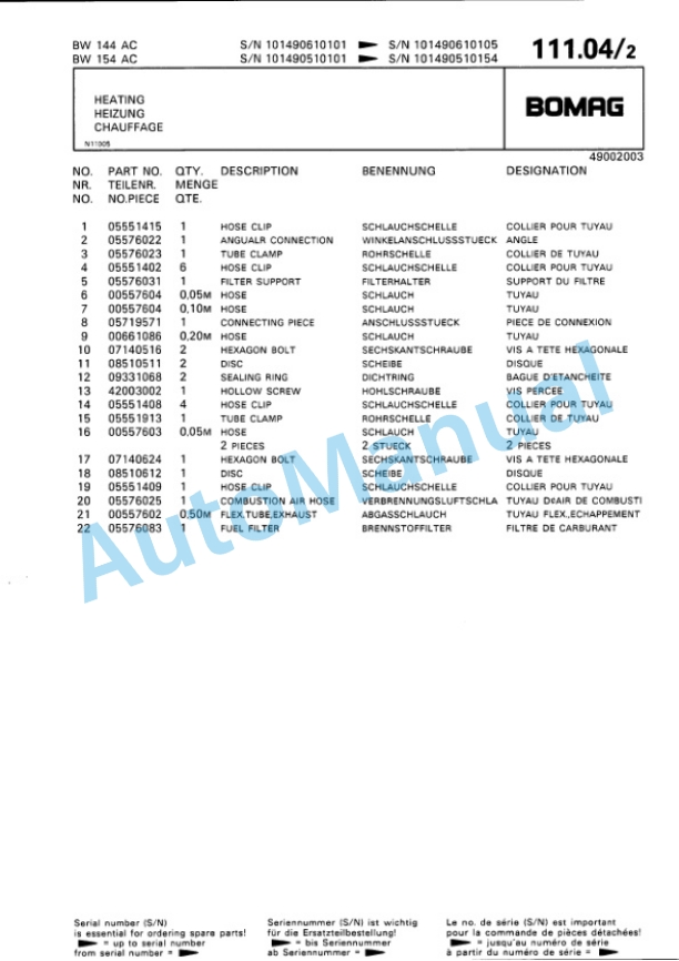 Bomag BW 144 AC, BW 154 AC Combination Roller Spare Parts Catalogue 00810024-4
