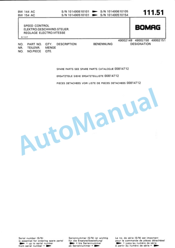 Bomag BW 144 AC, BW 154 AC Combination Roller Spare Parts Catalogue 00810024-5