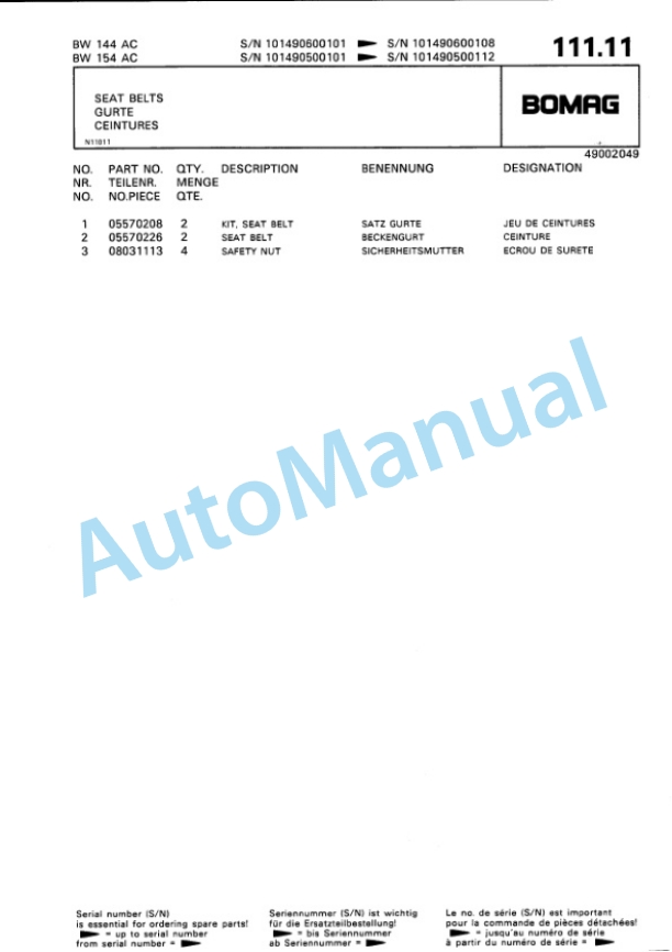 Bomag BW 144 AC, BW 154 AC Combination Roller Spare Parts Catalogue 00810033-5