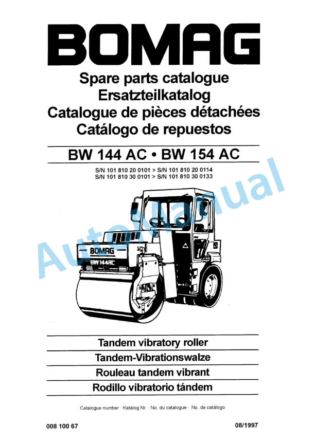 Bomag BW 144 AC, BW 154 AC Tandem Vibratory Roller Spare Parts Catalogue 00810067
