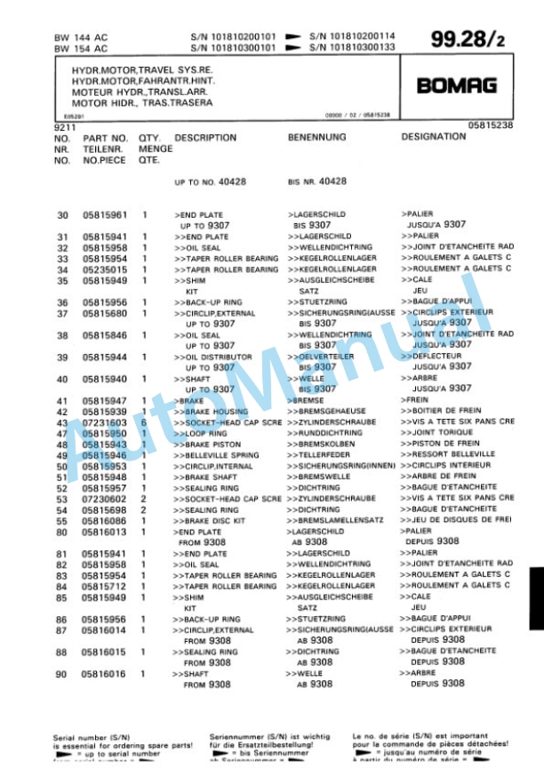 Bomag BW 144 AC, BW 154 AC Tandem Vibratory Roller Spare Parts Catalogue 00810067-3