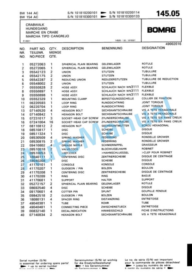 Bomag BW 144 AC, BW 154 AC Tandem Vibratory Roller Spare Parts Catalogue 00810067-4