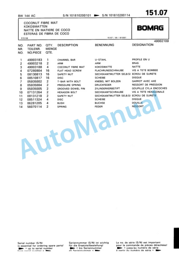 Bomag BW 144 AC, BW 154 AC Tandem Vibratory Roller Spare Parts Catalogue 00810067-5