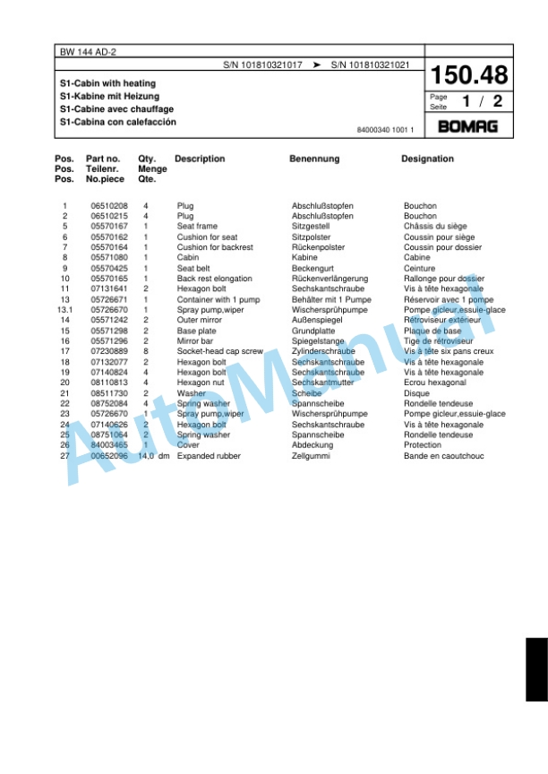 Bomag BW 144 AD-2 Combination Roller Spare Parts Catalogue 00817477-5