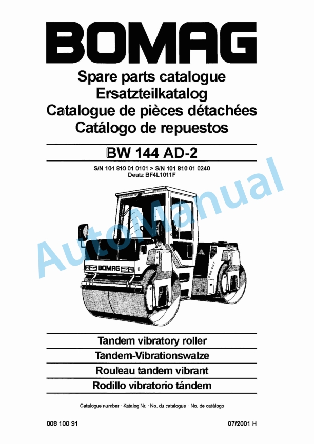 Bomag BW 144 AD-2 Tandem Vibratory Roller Spare Parts Catalogue 00810091