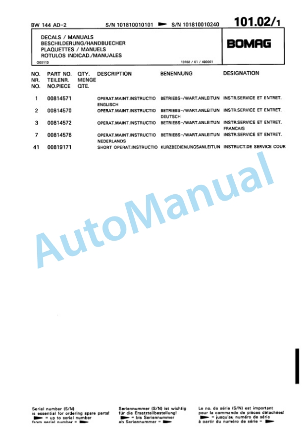 Bomag BW 144 AD-2 Tandem Vibratory Roller Spare Parts Catalogue 00810091-4
