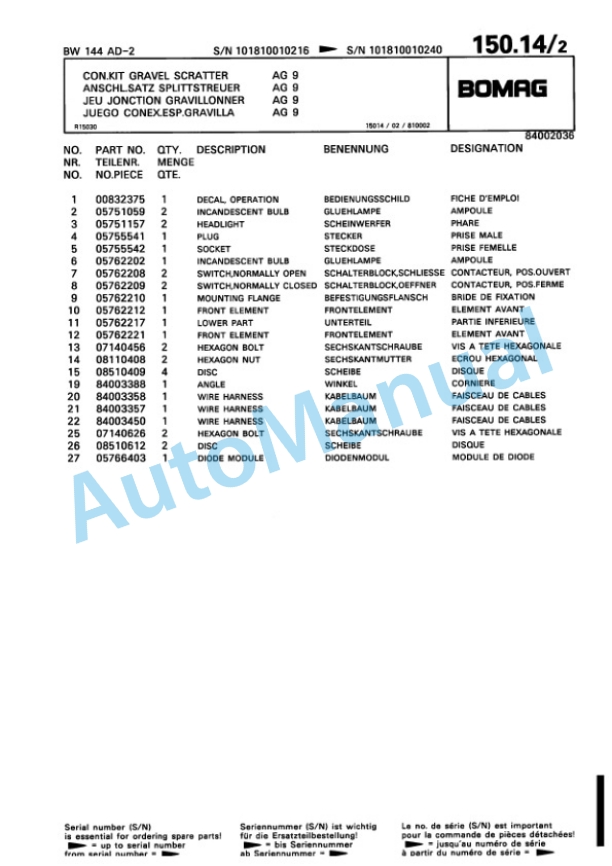 Bomag BW 144 AD-2 Tandem Vibratory Roller Spare Parts Catalogue 00810091-5