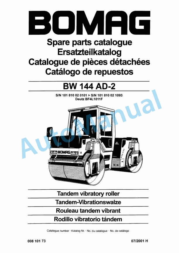 Bomag BW 144 AD-2 Tandem Vibratory Roller Spare Parts Catalogue 00810173