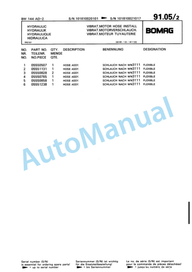 Bomag BW 144 AD-2 Tandem Vibratory Roller Spare Parts Catalogue 00810173-2