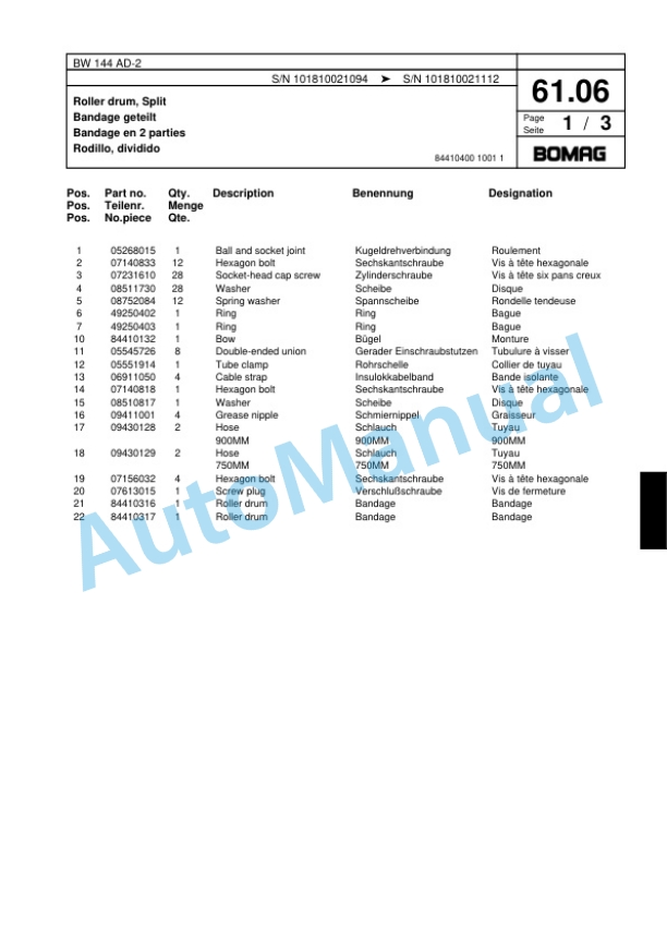 Bomag BW 144 AD-2 Tandem Vibratory Roller Spare Parts Catalogue 00817478-2