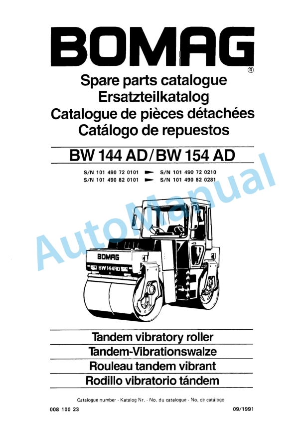 Bomag BW 144 AD, BW 154 AD Tandem Vibratory Roller Spare Parts Catalogue 00810023