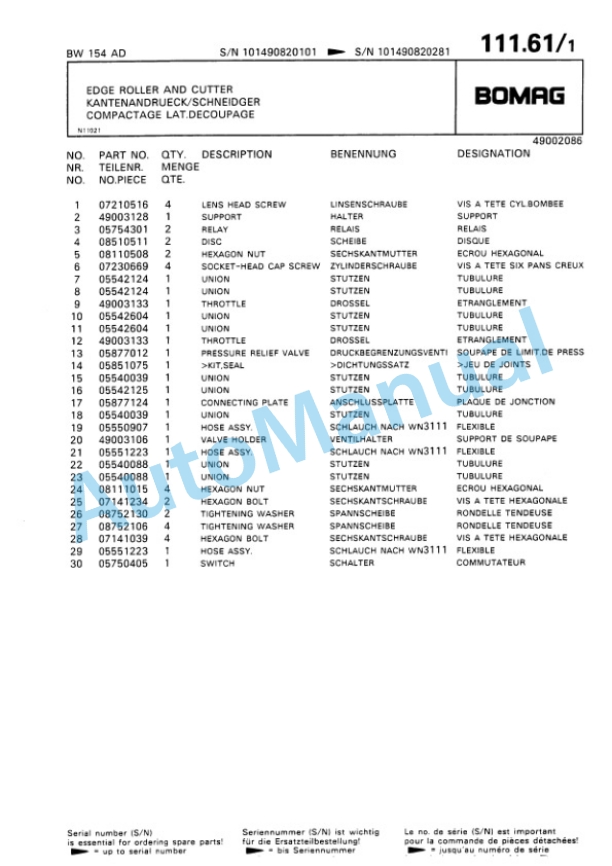 Bomag BW 144 AD, BW 154 AD Tandem Vibratory Roller Spare Parts Catalogue 00810023-5